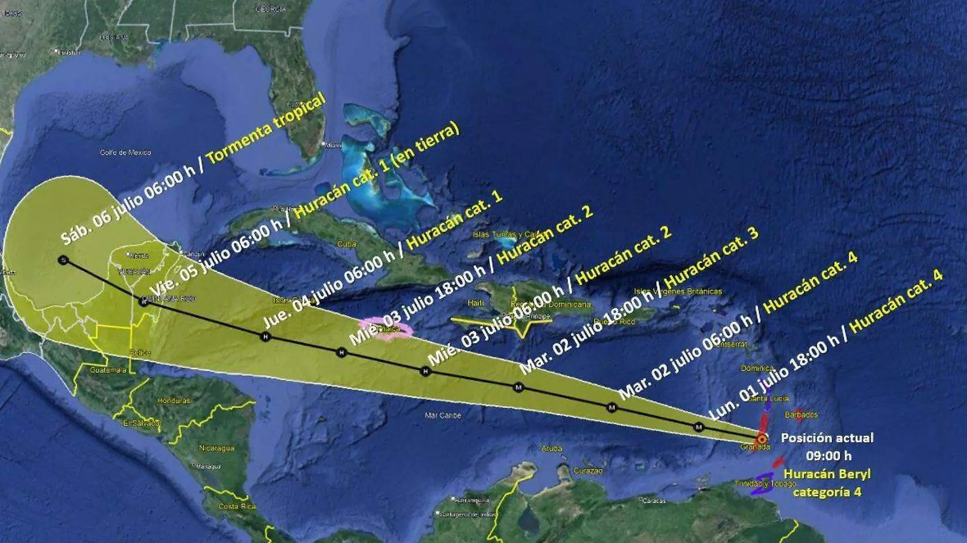 Durante este lunes el huracán Beryl continuará desplazándose sobre el mar Caribe